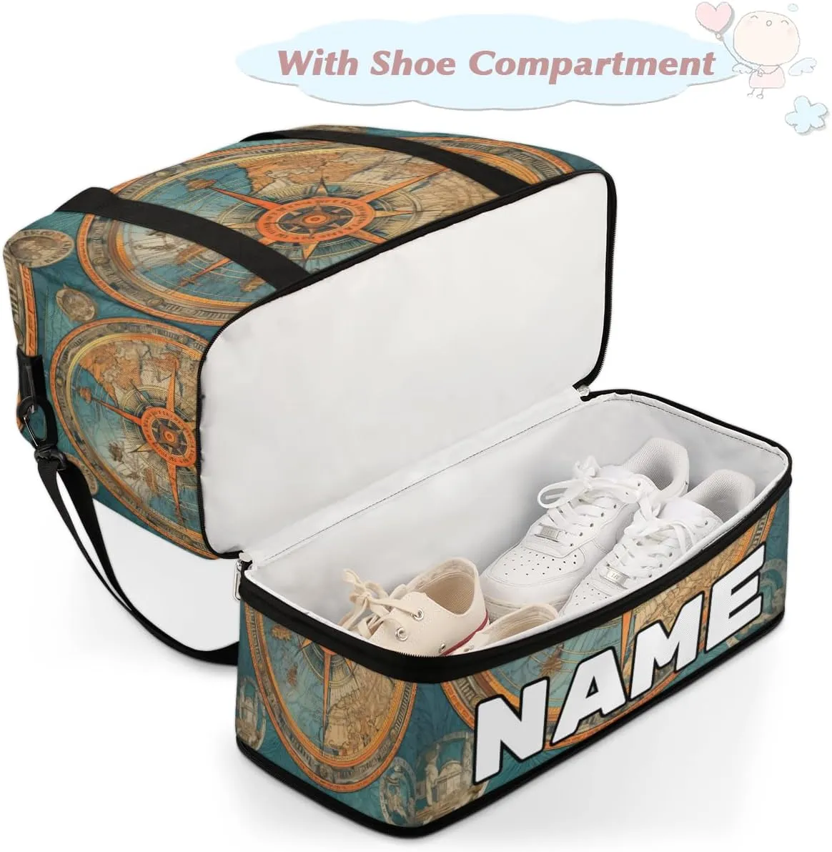 Blue Compass Painted Custom Foldable Duffle Bag with Shoes Compartment Personalized Large Capacity Waterproof Travel Weekender Bag Overnight Bag for Sports Gym