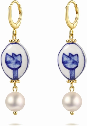 Blue and White Porcelain Tulip Earrings – Hand Painted Ceramic Drop Earrings with Freshwater Pearls – 925 Sterling Silver Hoop Floral Jewelry Gift for Women