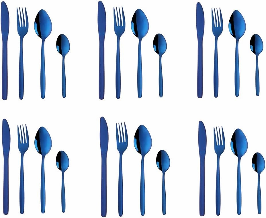 Blue Silverware Set, BuyGo 24-Piece Stainless Steel Camping Flatware Dinnerware Set for 6, Hand Polish, Dishwasher Safe
