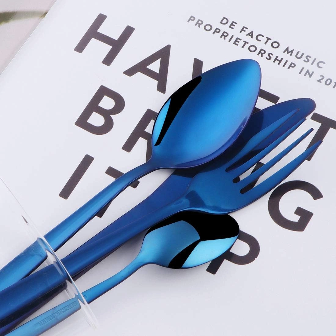 Blue Silverware Set, BuyGo 24-Piece Stainless Steel Camping Flatware Dinnerware Set for 6, Hand Polish, Dishwasher Safe