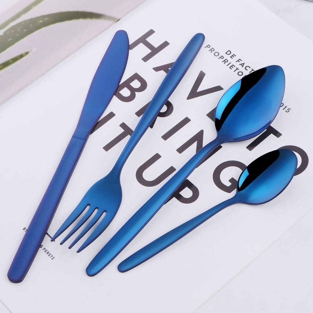 Blue Silverware Set, BuyGo 24-Piece Stainless Steel Camping Flatware Dinnerware Set for 6, Hand Polish, Dishwasher Safe