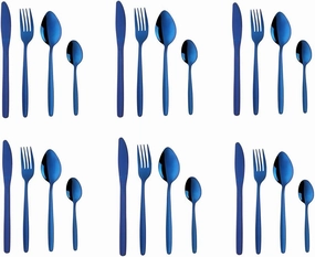 Blue Silverware Set, BuyGo 24-Piece Stainless Steel Camping Flatware Dinnerware Set for 6, Hand Polish, Dishwasher Safe