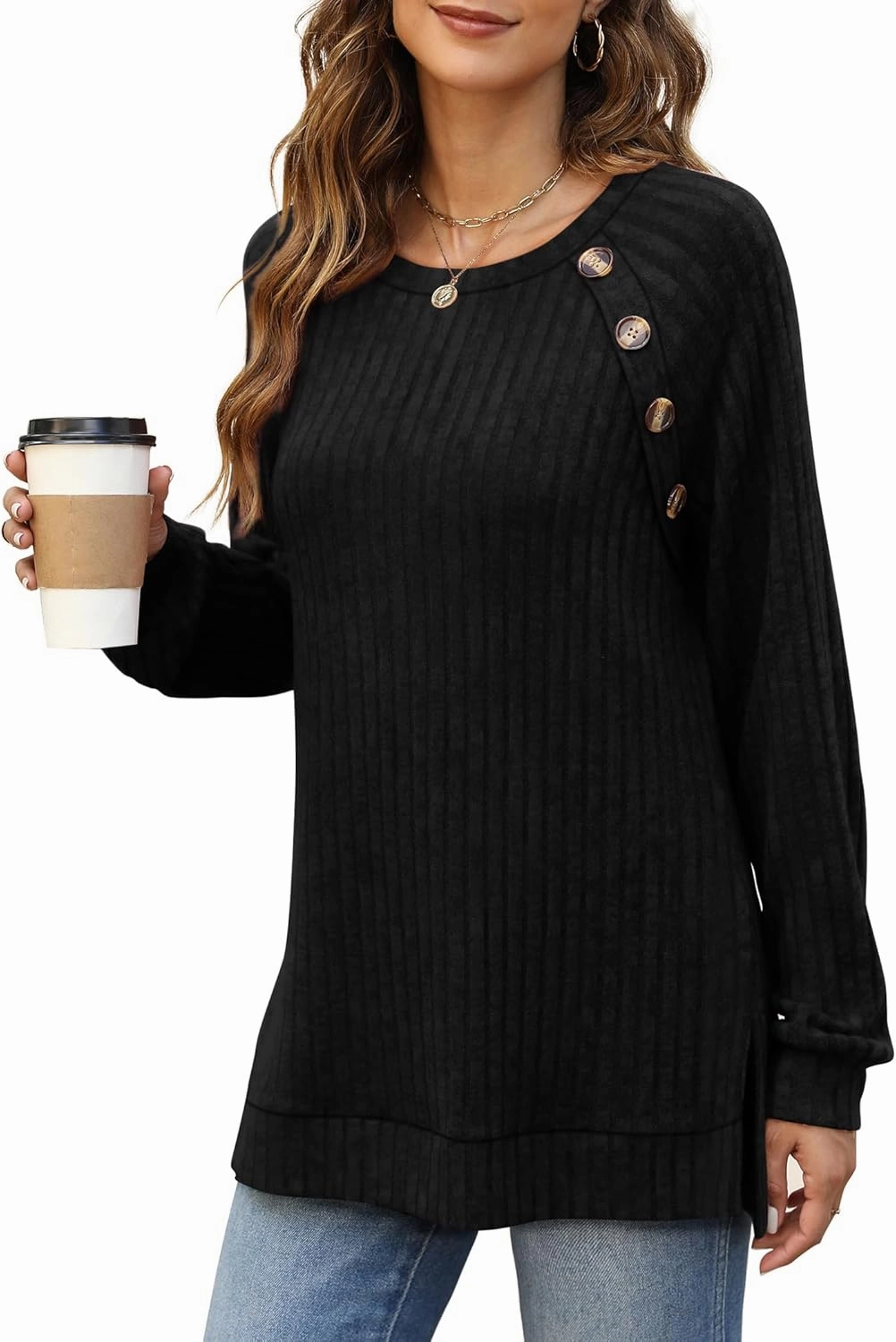 Bofell Long Sleeve Shirts for Women Lightweight Button Decor Tunic Tops Side Split