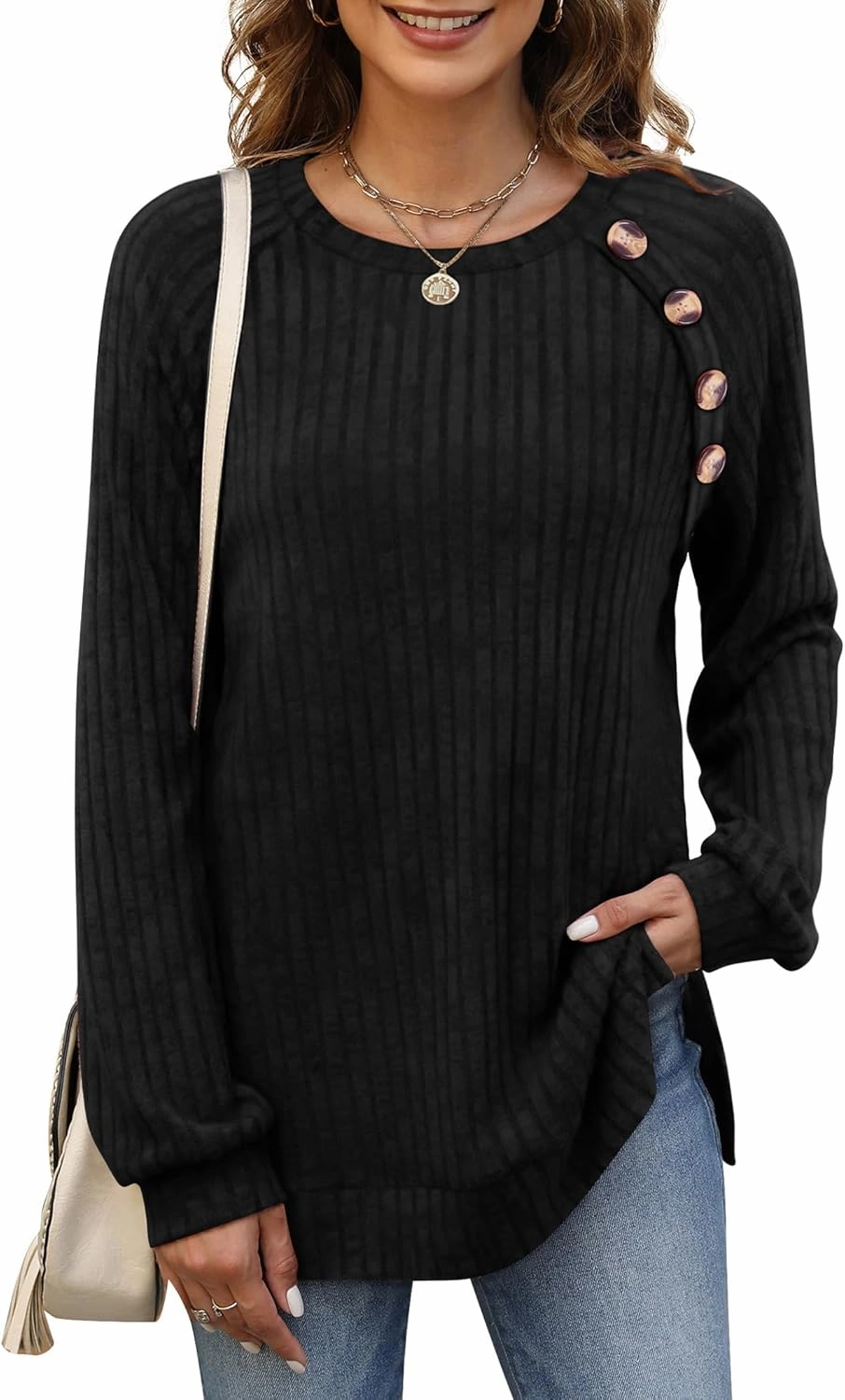 Bofell Long Sleeve Shirts for Women Lightweight Button Decor Tunic Tops Side Split