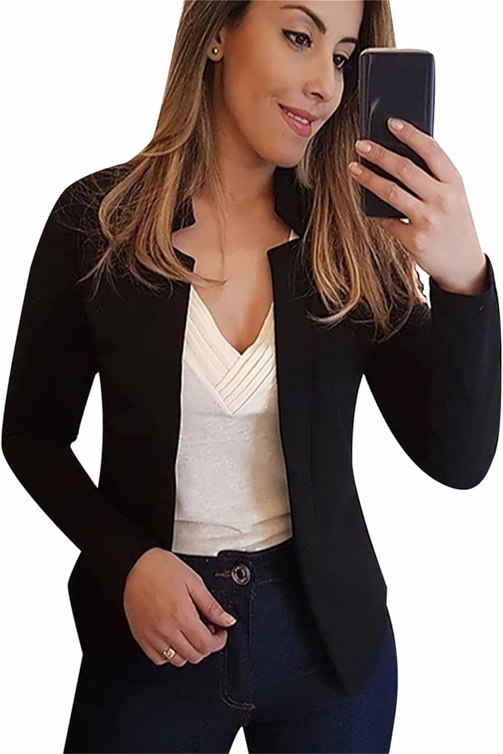 BOFETA Women Lightweight Long Sleeve Blazer Casual Open Front Business Blazer Notched Collar Slim Work Office Blazer