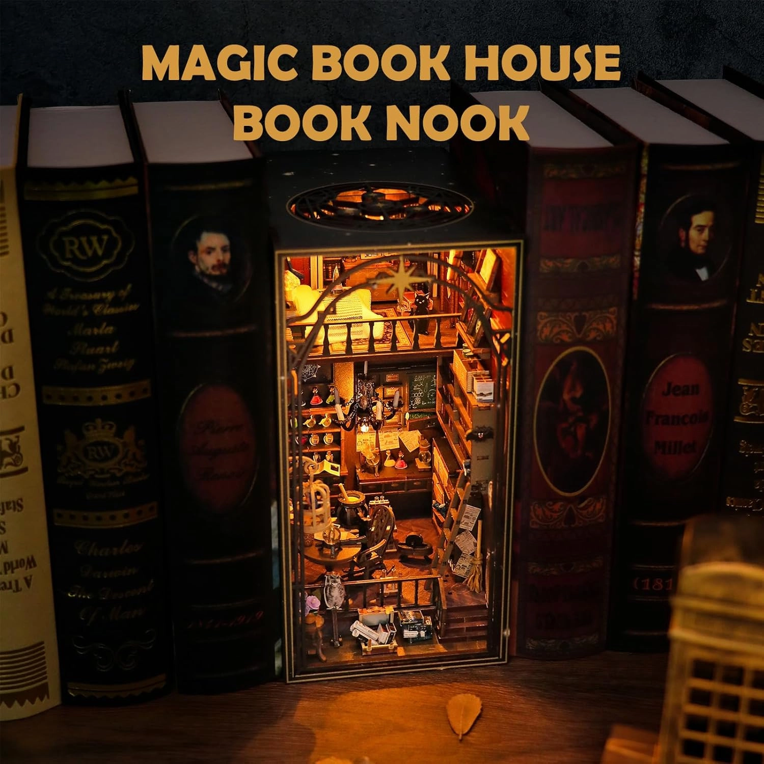 Book Nook Kit for Adults, DIY Dollhouse Booknook, 3D Wooden Puzzle, DIY Miniature Dollhouse Kit with Led Light for Adults Teens 14 , Decor Crafts for Friends Gifts