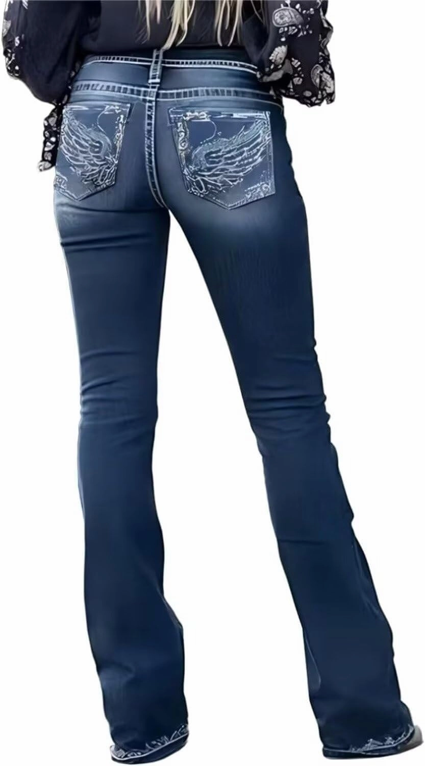 Bootcut Jeans for Women,Stretchy Feather Flower Embroidery Mid Rise Slim Straight Leg Pants Jeans