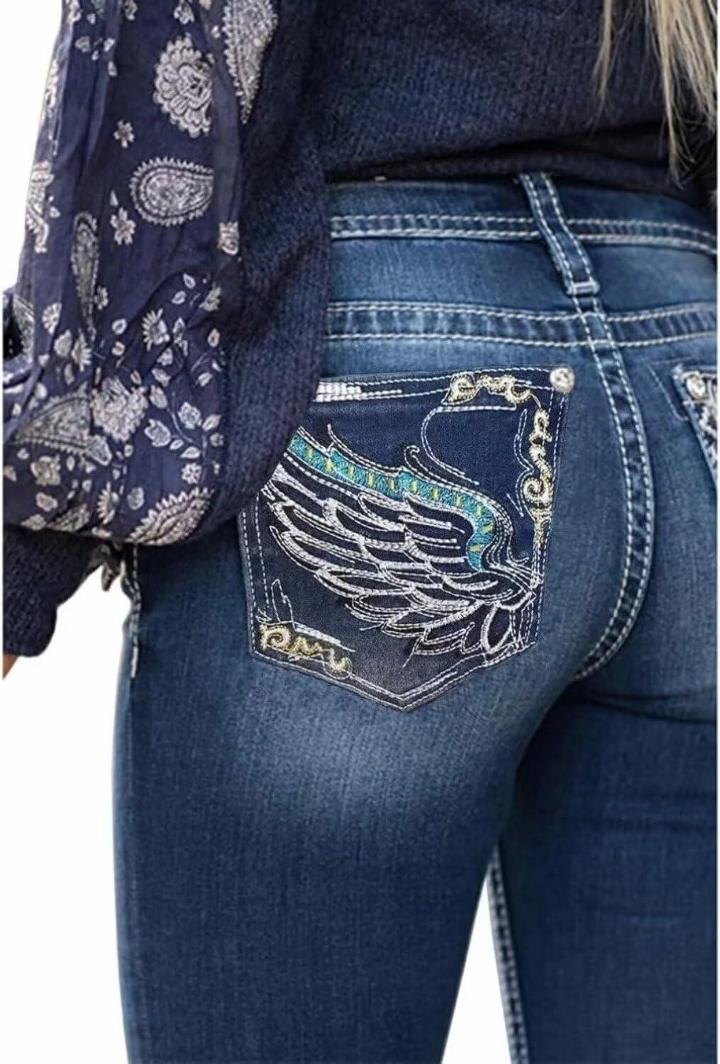 Bootcut Jeans for Women,Stretchy Feather Flower Embroidery Mid Rise Slim Straight Leg Pants Jeans
