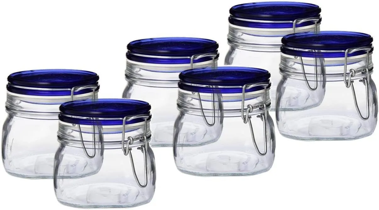 Bormioli Rocco Fido Collection, 6 Pack, 17 Oz. Food Storage Glass Jars, Airtight Rubber Seal & Glass Lid, With Stainless Wire Clamp, Made In Italy.