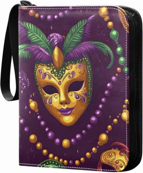 Burbuja Mardi Gras Colorful Masks and Beads Card Binder, 4 Pockets Trading Card Binder, Portable Card Albums Fits 400 Cards with 50 Removable Sleeves for Sport Cards Game Cards