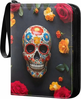 Burbuja Skull with Colorful Floral Card Binder, 4 Pockets Trading Card Binder, Portable Card Albums Fits 400 Cards with 50 Removable Sleeves for Sport Cards Game Cards