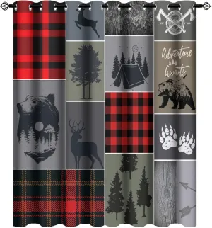 Cabin Rustic Bear Deer Blackout Curtains - Abstract Farmhouse Hunting Theme Wild Animal Plaid Check Adventure Grommet Window Curtain Set Energy Saving Thermal Insulated Drapes,2 Panels 45L x 21W