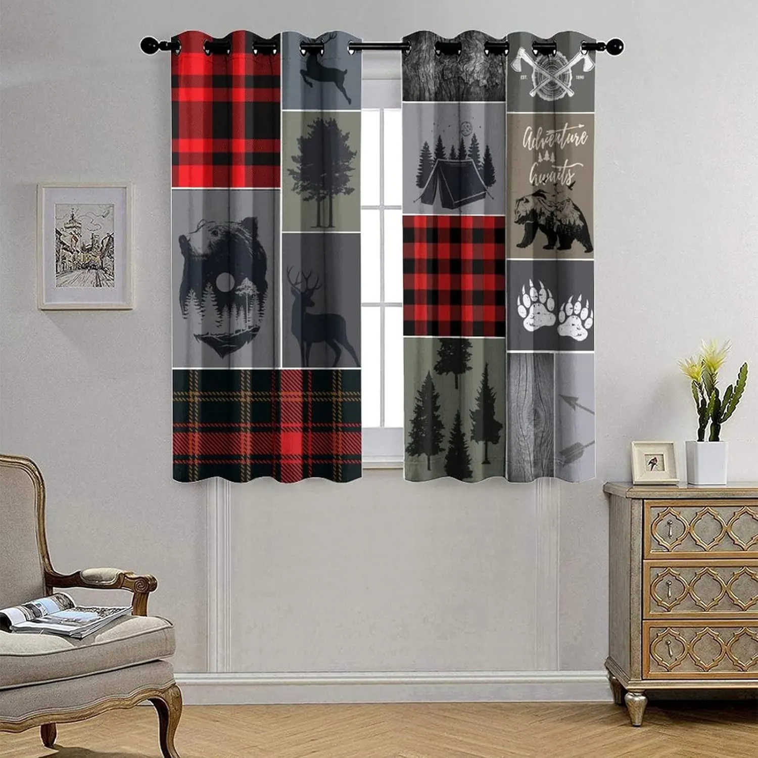 Cabin Rustic Bear Deer Blackout Curtains - Abstract Farmhouse Hunting Theme Wild Animal Plaid Check Adventure Grommet Window Curtain Set Energy Saving Thermal Insulated Drapes,2 Panels 45L x 21W