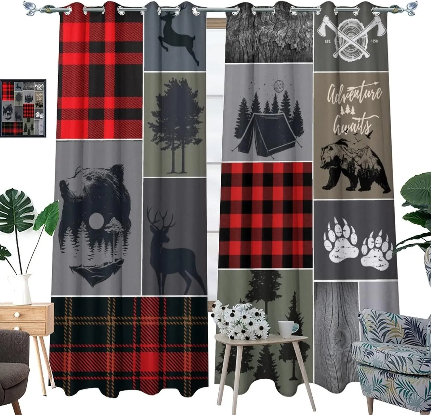 Cabin Rustic Bear Deer Blackout Curtains - Abstract Farmhouse Hunting Theme Wild Animal Plaid Check Adventure Grommet Window Curtain Set Energy Saving Thermal Insulated Drapes,2 Panels 45L x 21W