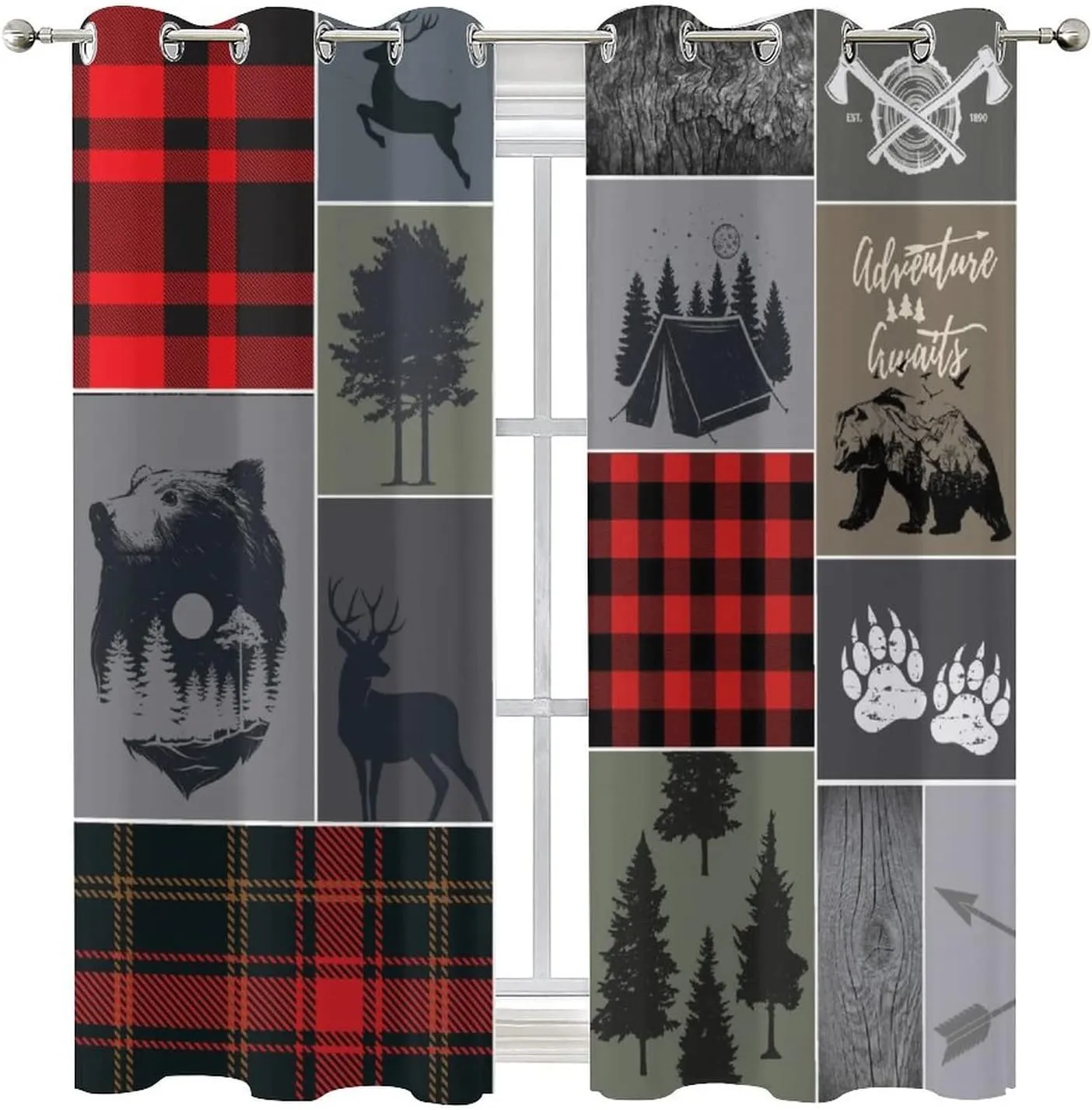 Cabin Rustic Bear Deer Blackout Curtains - Abstract Farmhouse Hunting Theme Wild Animal Plaid Check Adventure Grommet Window Curtain Set Energy Saving Thermal Insulated Drapes,2 Panels 45L x 21W