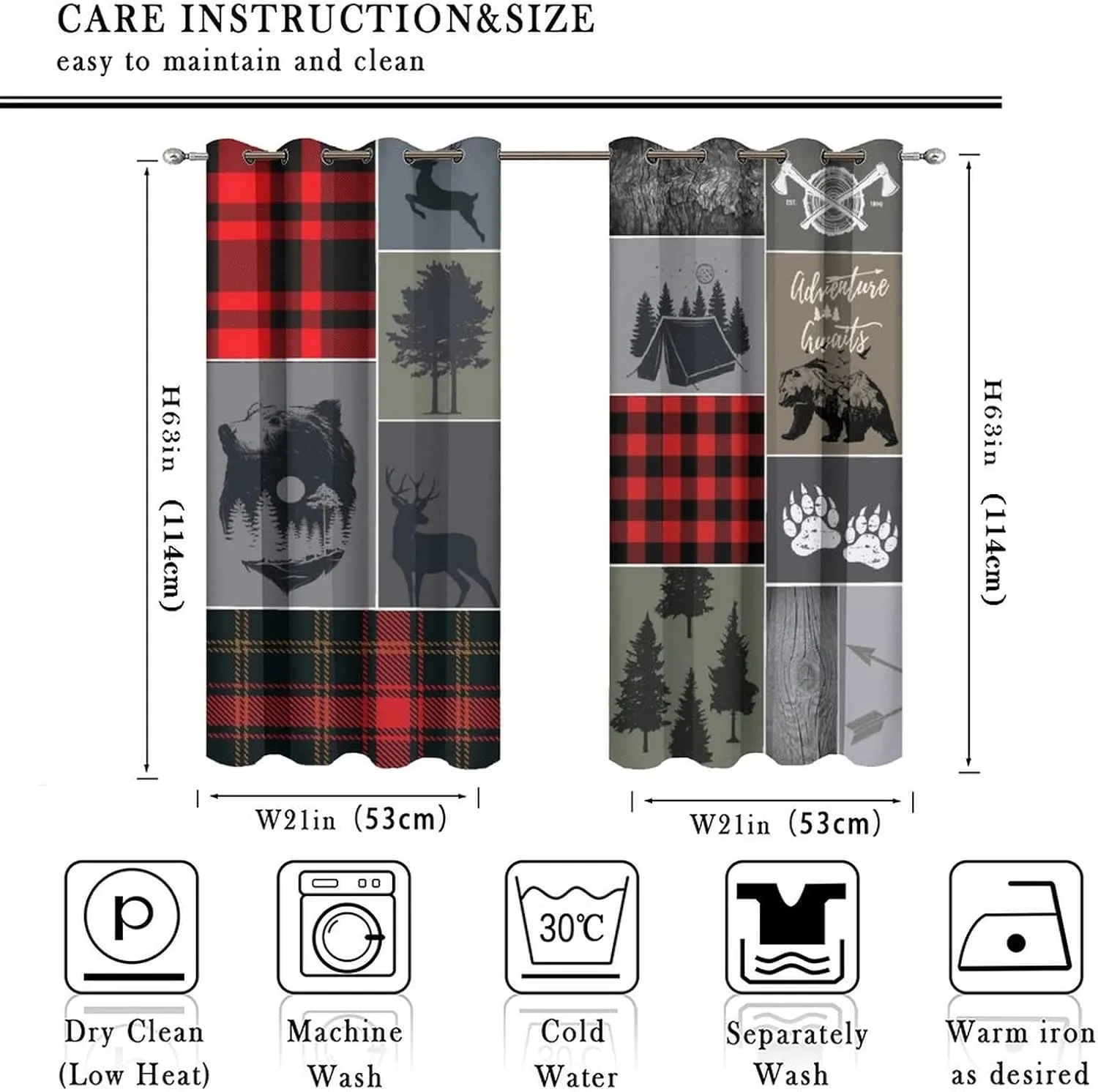 Cabin Rustic Bear Deer Blackout Curtains - Abstract Farmhouse Hunting Theme Wild Animal Plaid Check Adventure Grommet Window Curtain Set Energy Saving Thermal Insulated Drapes,2 Panels 45L x 21W
