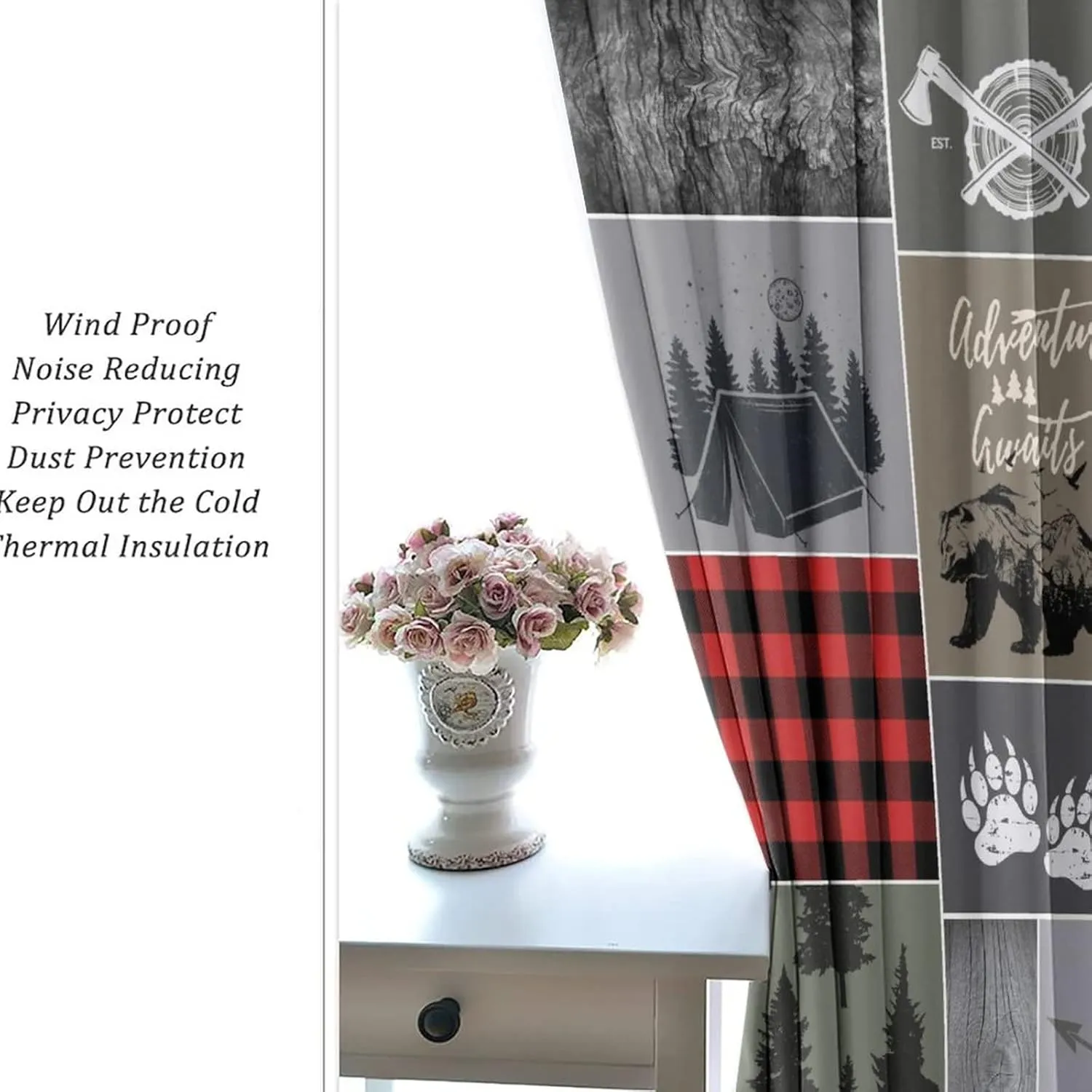 Cabin Rustic Bear Deer Blackout Curtains - Abstract Farmhouse Hunting Theme Wild Animal Plaid Check Adventure Grommet Window Curtain Set Energy Saving Thermal Insulated Drapes,2 Panels 45L x 21W