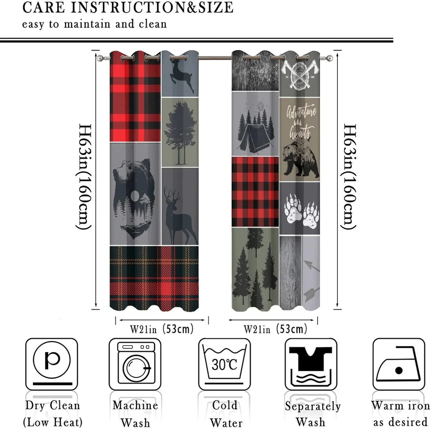 Cabin Rustic Bear Deer Blackout Curtains - Abstract Farmhouse Hunting Theme Wild Animal Plaid Check Adventure Grommet Window Treatment Set Energy Saving Thermal Insulated Drapes,2 Panels 63L x 21W