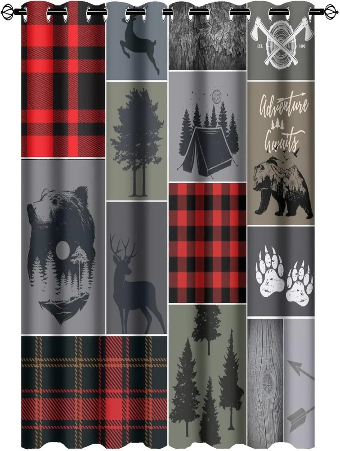 Cabin Rustic Bear Deer Blackout Curtains - Abstract Farmhouse Hunting Theme Wild Animal Plaid Check Adventure Grommet Window Treatment Set Energy Saving Thermal Insulated Drapes,2 Panels 63L x 21W