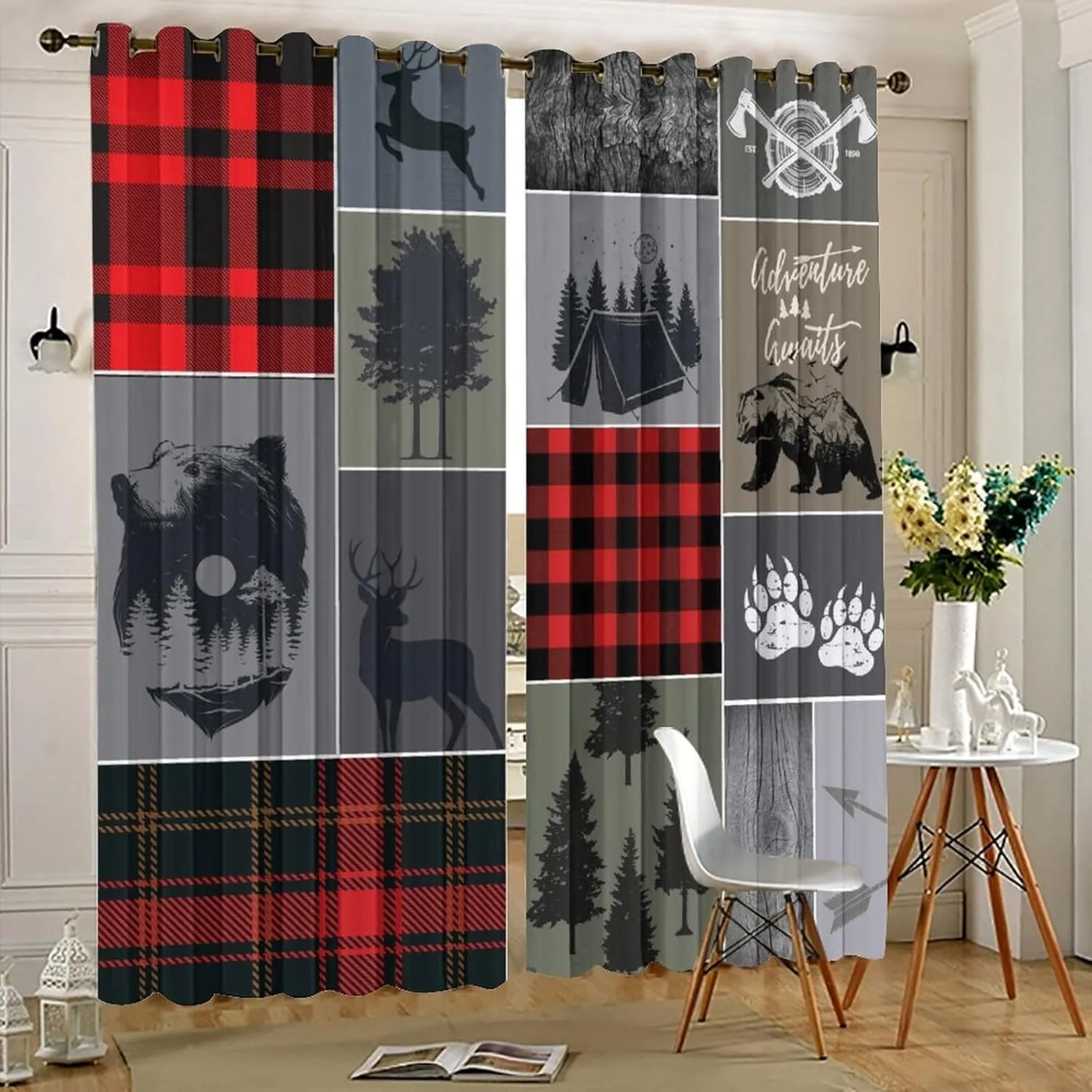 Cabin Rustic Bear Deer Blackout Curtains - Abstract Farmhouse Hunting Theme Wild Animal Plaid Check Adventure Grommet Window Treatment Set Energy Saving Thermal Insulated Drapes,2 Panels 63L x 21W