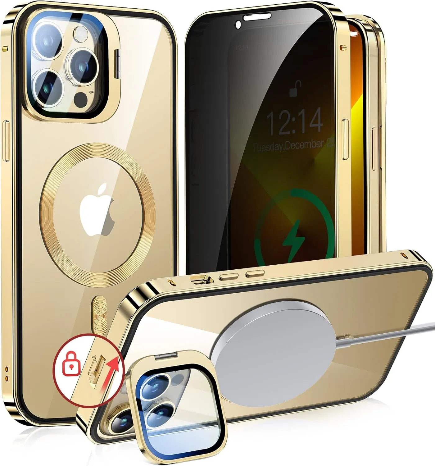 [Camera Invisible Stand & Slide Pop-up Lock Magnetic Privacy Case for iPhone 13 Pro [Compatible with MagSafe] [Full Lens Protection Invisible Kickstand] Full Body Metal Bumper Cover-Gold