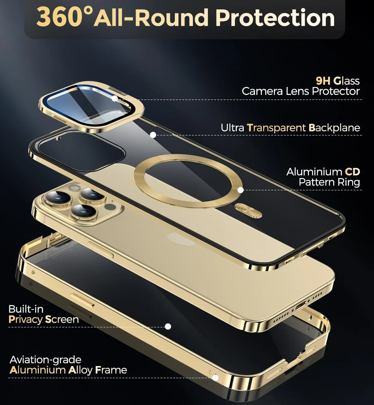 [Camera Invisible Stand & Slide Pop-up Lock Magnetic Privacy Case for iPhone 13 Pro [Compatible with MagSafe] [Full Lens Protection Invisible Kickstand] Full Body Metal Bumper Cover-Gold