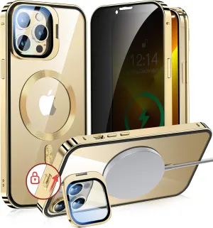 [Camera Invisible Stand & Slide Pop-up Lock Magnetic Privacy Case for iPhone 13 Pro [Compatible with MagSafe] [Full Lens Protection Invisible Kickstand] Full Body Metal Bumper Cover-Gold