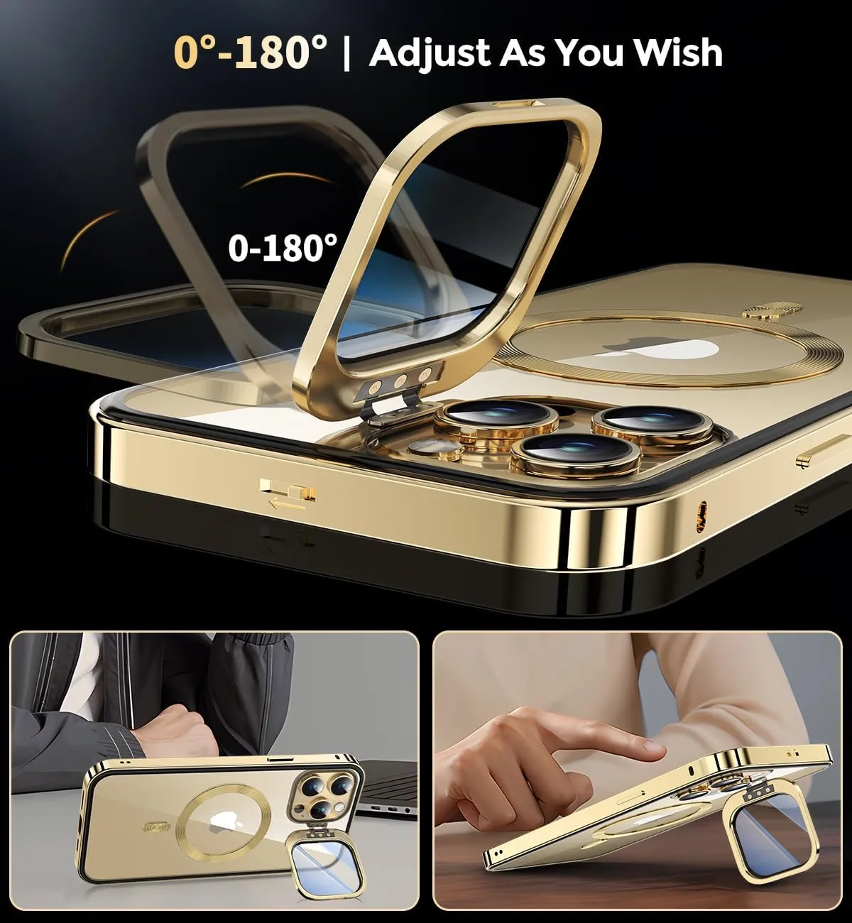 [Camera Invisible Stand & Slide Pop-up Lock Magnetic Privacy Case for iPhone 13 Pro [Compatible with MagSafe] [Full Lens Protection Invisible Kickstand] Full Body Metal Bumper Cover-Gold