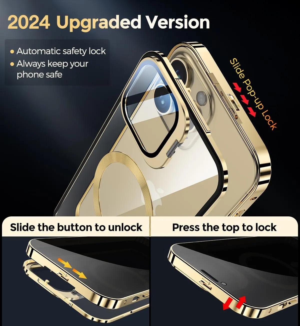 [Camera Invisible Stand & Slide Pop-up Lock Magnetic Privacy Case for iPhone 13 Pro [Compatible with MagSafe] [Full Lens Protection Invisible Kickstand] Full Body Metal Bumper Cover-Gold