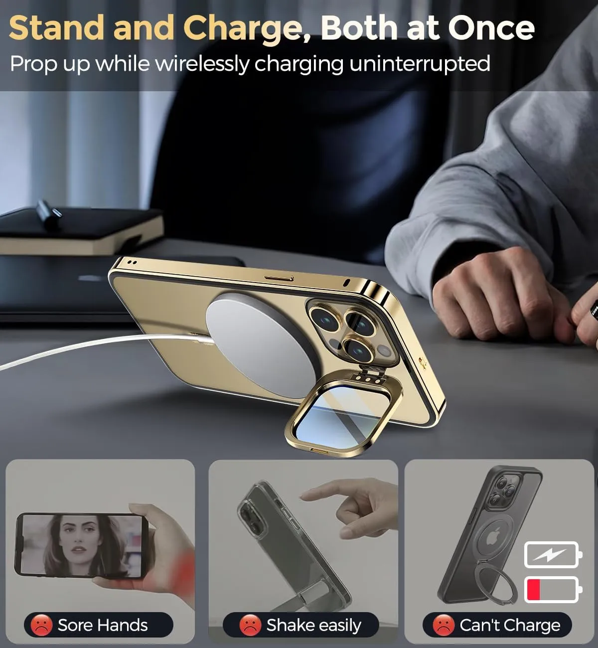 [Camera Invisible Stand & Slide Pop-up Lock Magnetic Privacy Case for iPhone 13 Pro [Compatible with MagSafe] [Full Lens Protection Invisible Kickstand] Full Body Metal Bumper Cover-Gold