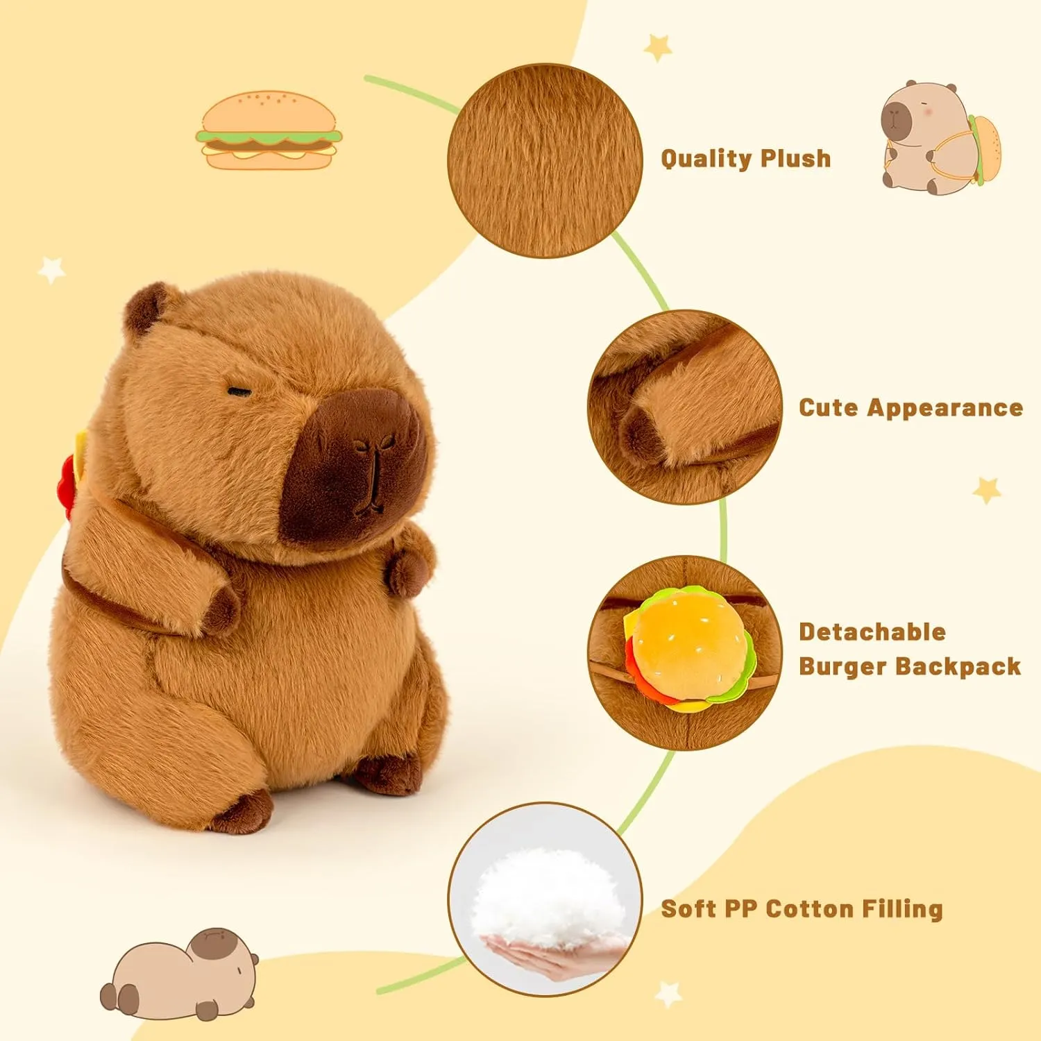 Capybara Plush 9 Inch Capybara Stuffed Animal Cute Stuffed Capybara Toy with Hamburger Backpack Soft Plushies Capybara Gift for Kids Boys Girls