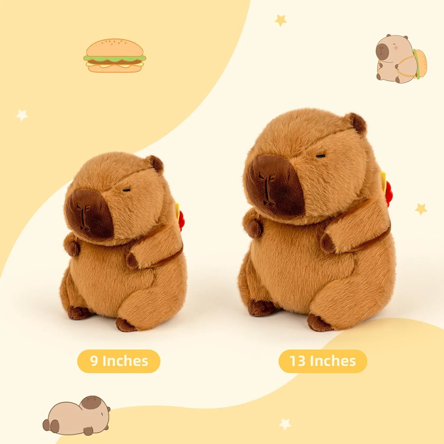 Capybara Plush 9 Inch Capybara Stuffed Animal Cute Stuffed Capybara Toy with Hamburger Backpack Soft Plushies Capybara Gift for Kids Boys Girls