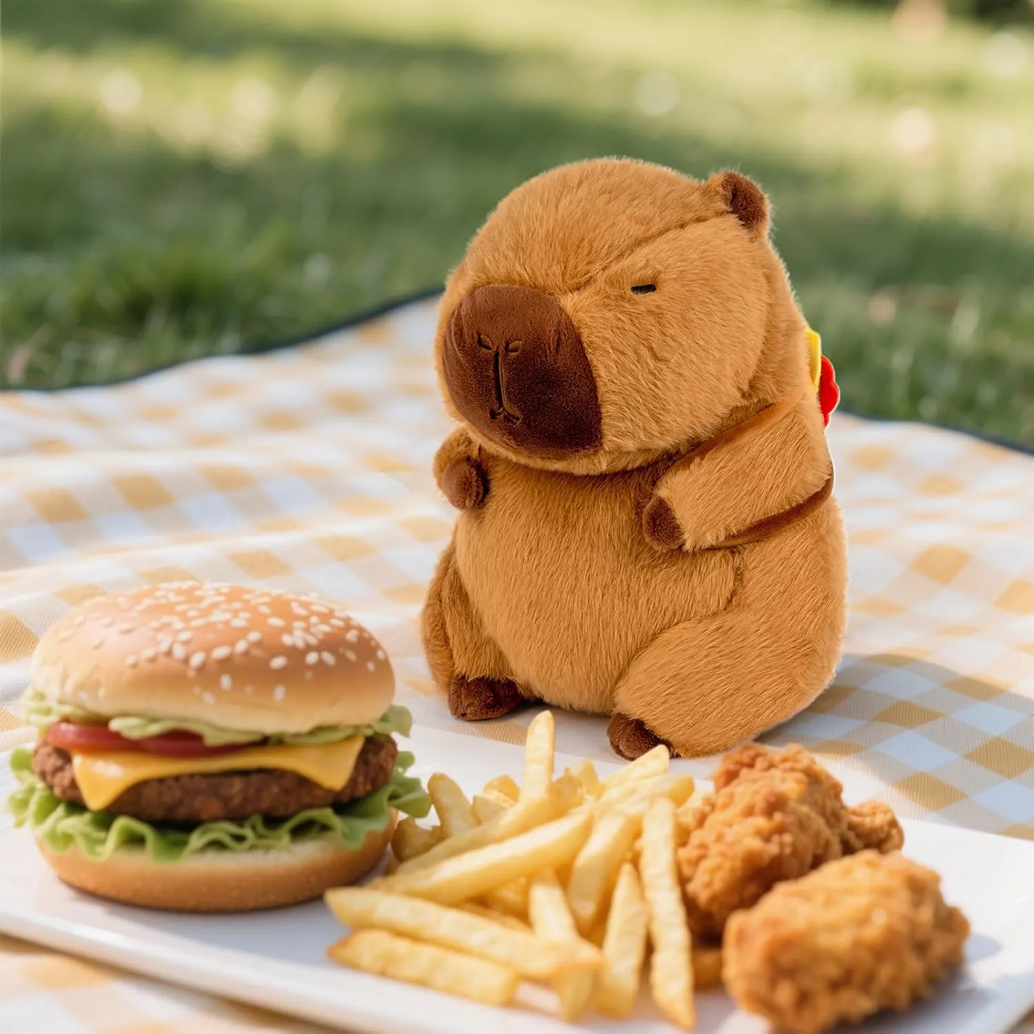 Capybara Plush 9 Inch Capybara Stuffed Animal Cute Stuffed Capybara Toy with Hamburger Backpack Soft Plushies Capybara Gift for Kids Boys Girls