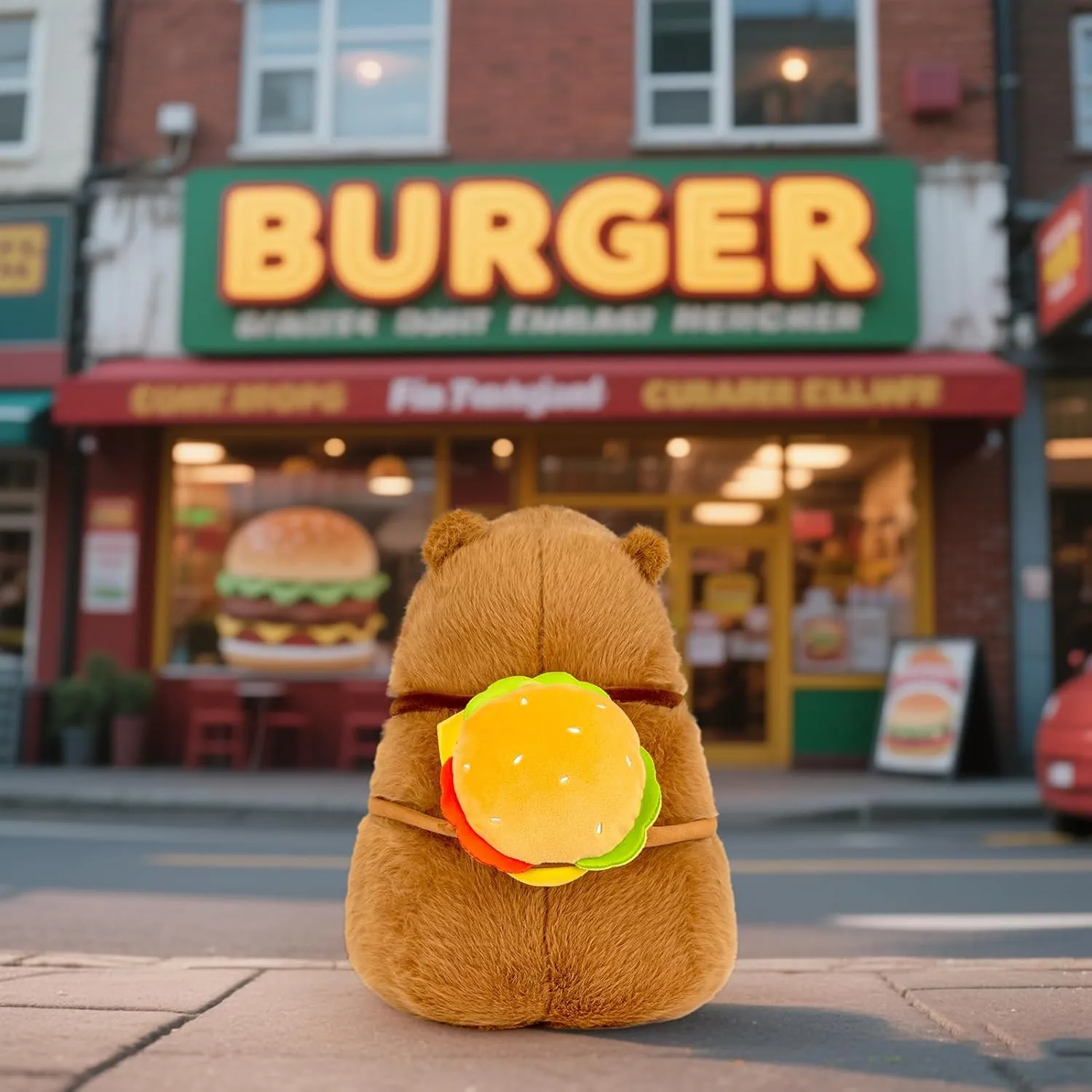 Capybara Plush 9 Inch Capybara Stuffed Animal Cute Stuffed Capybara Toy with Hamburger Backpack Soft Plushies Capybara Gift for Kids Boys Girls
