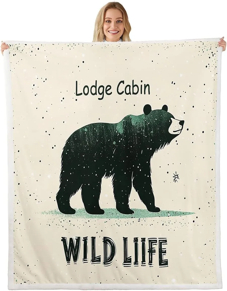Cartoon Bear Throw Blanket Throw 50x60 Cute Black Green Graffiti Wild Animal Fleece Blanket for Kids Boys Girls Teens Lodge Cabin Jungle Farmhouse Style Fuzzy Blanket for Bedroom