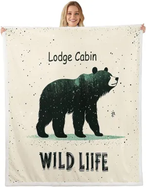 Cartoon Bear Throw Blanket Throw 50x60 Cute Black Green Graffiti Wild Animal Fleece Blanket for Kids Boys Girls Teens Lodge Cabin Jungle Farmhouse Style Fuzzy Blanket for Bedroom