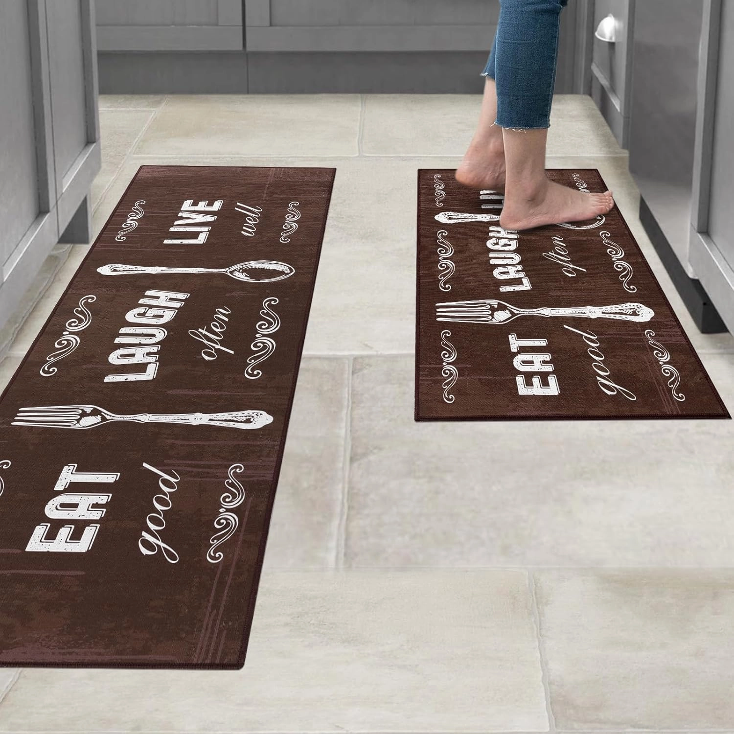 Carvapet 2 Piece Kitchen Rug Set Non-Slip Backing Mat Throw Rug for Kitchen Doormat Runner Rug Set, Motto Design, Coffee (17"x48" 17"x24")