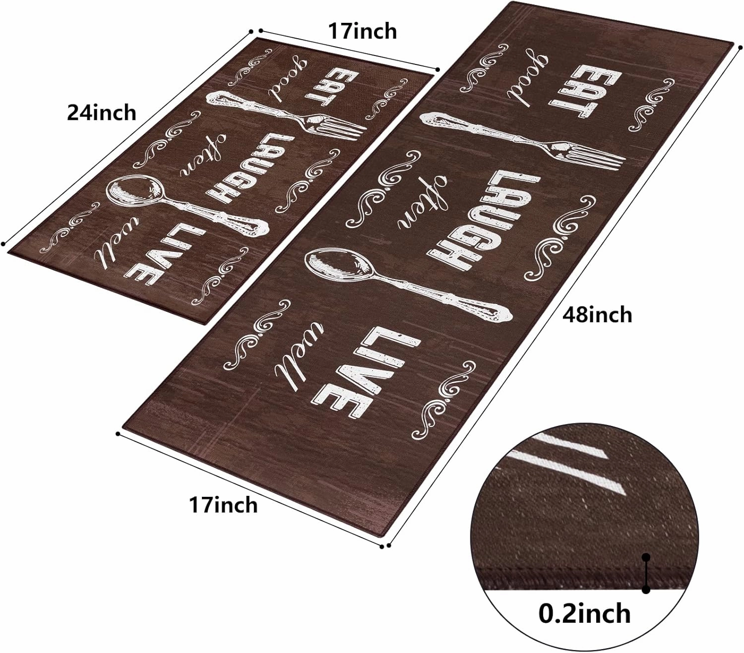 Carvapet 2 Piece Kitchen Rug Set Non-Slip Backing Mat Throw Rug for Kitchen Doormat Runner Rug Set, Motto Design, Coffee (17"x48" 17"x24")