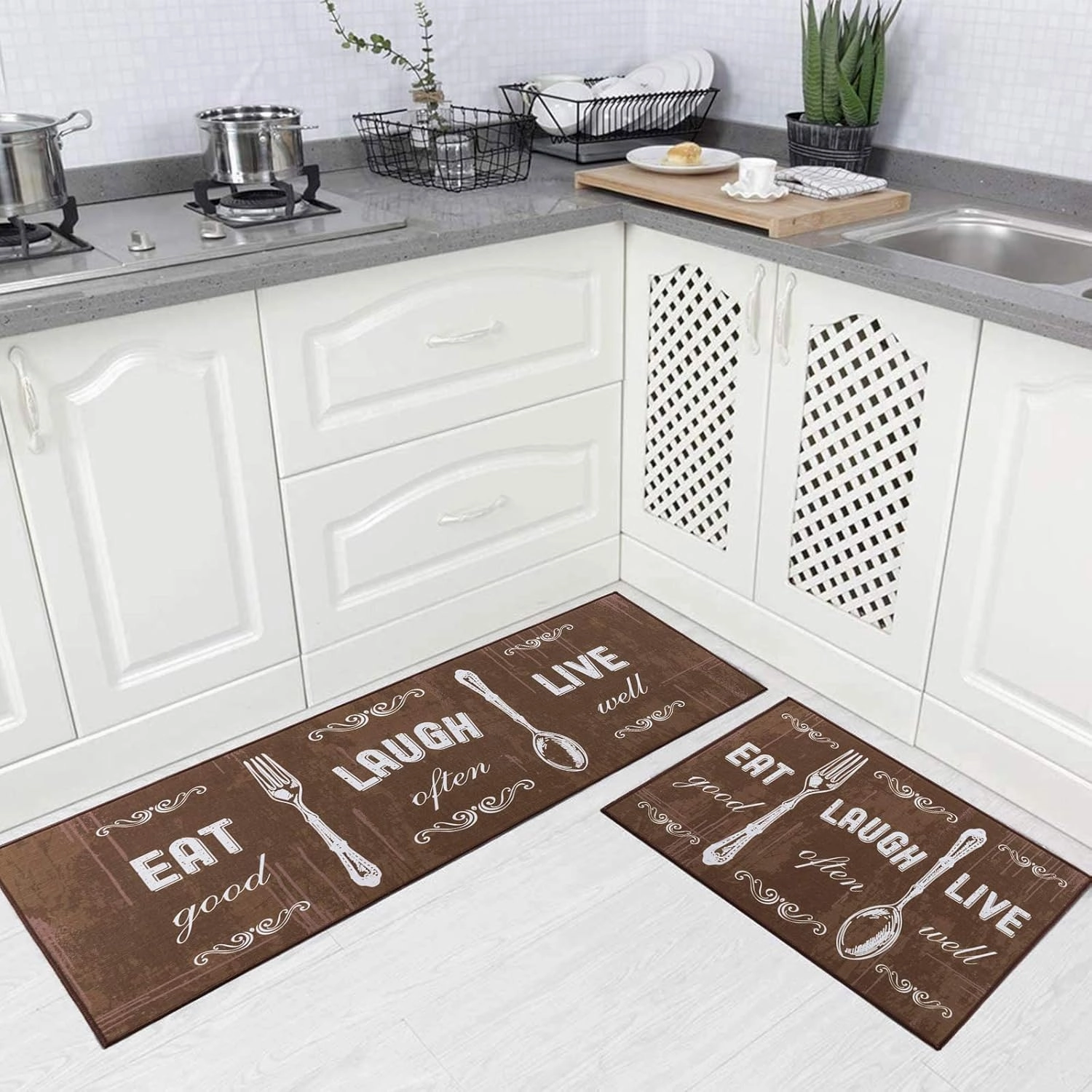 Carvapet 2 Piece Kitchen Rug Set Non-Slip Backing Mat Throw Rug for Kitchen Doormat Runner Rug Set, Motto Design, Coffee (17"x48" 17"x24")