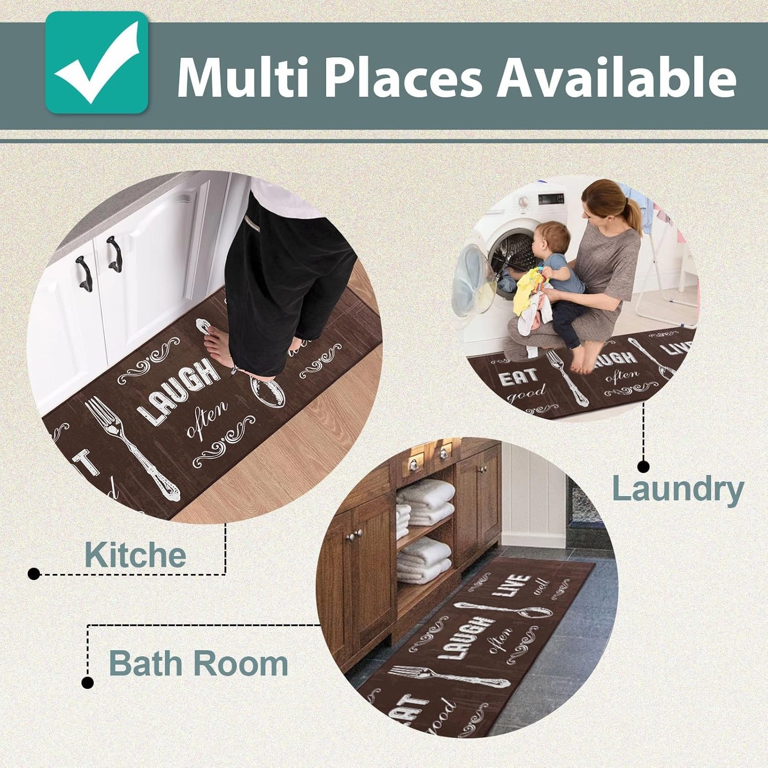 Carvapet 2 Piece Kitchen Rug Set Non-Slip Backing Mat Throw Rug for Kitchen Doormat Runner Rug Set, Motto Design, Coffee (17"x48" 17"x24")