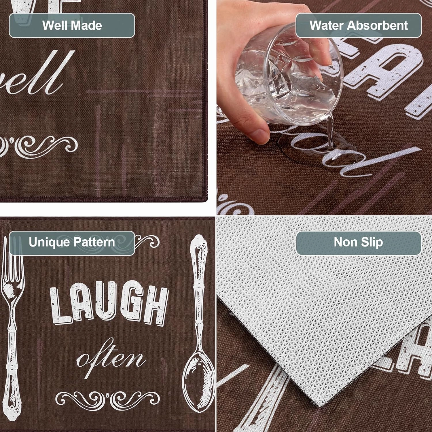 Carvapet 2 Piece Kitchen Rug Set Non-Slip Backing Mat Throw Rug for Kitchen Doormat Runner Rug Set, Motto Design, Coffee (17"x48" 17"x24")