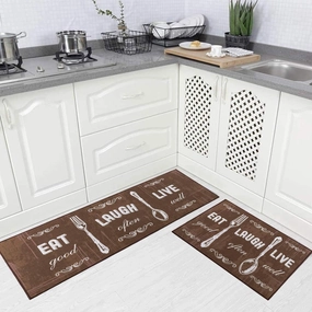 Carvapet 2 Piece Kitchen Rug Set Non-Slip Backing Mat Throw Rug for Kitchen Doormat Runner Rug Set, Motto Design, Coffee (17"x48" 17"x24")