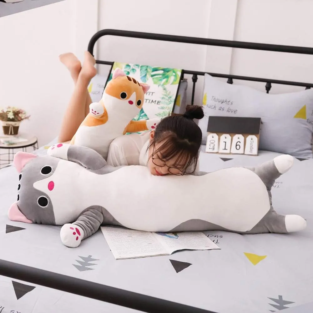 Cat Plush Hugging Pillow, Cat Stuffed Animals Soft Kitten Plush Long Body Pillow Toy Gifts for Kids (Gray, 27.55 inch)