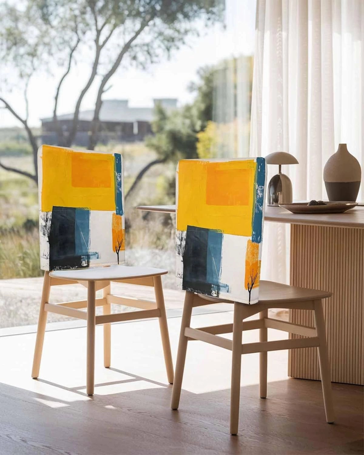 Chair Covers Set of 8 Simple Style Abstract Art Oil Painting 1 Chair Back Covers Stretch Removable Washable Slipcovers Seat Protector for Dining Room Kitchen Party Decor