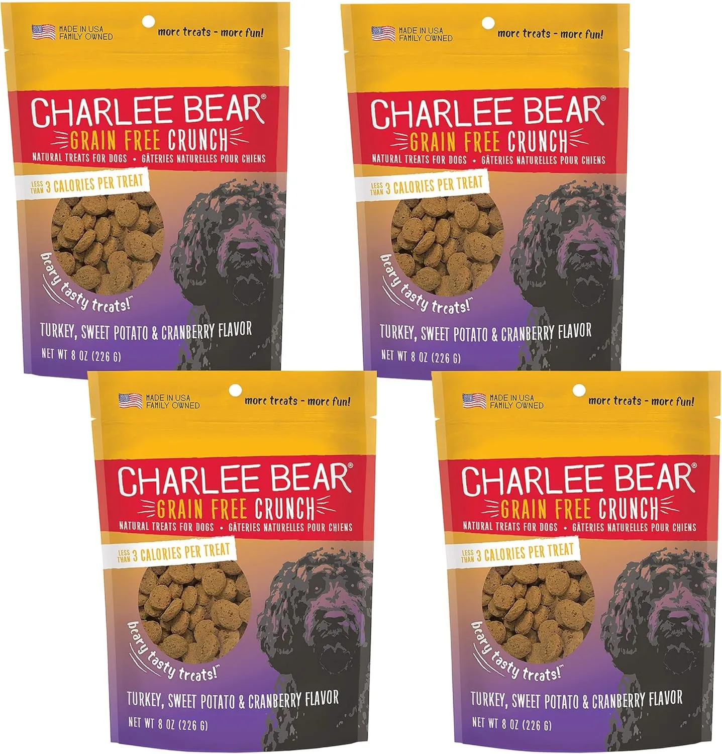 Charlee Bear Dog Treats Small Dogs Training Treats Crunchy Low Cal, Grain Free Canine Snacks, USA, Puppy Training Biscuits, Turkey, Sweet Potato & Cranberry, 4 Pack, 8oz Ea