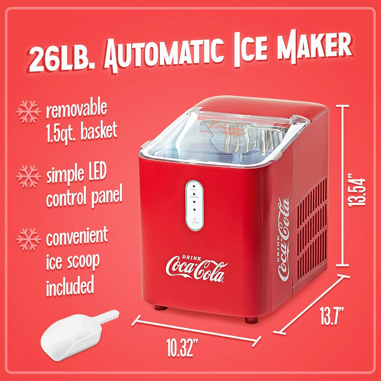 Coca-Cola Automatic Ice Maker, Self- Cleaning, Countertop Size, 26 Pounds in 24 Hours, 9 Large or Small Ice Cubes in 7 Minutes, LED Control Panel, Scoop Included, Perfect for Water Bottles