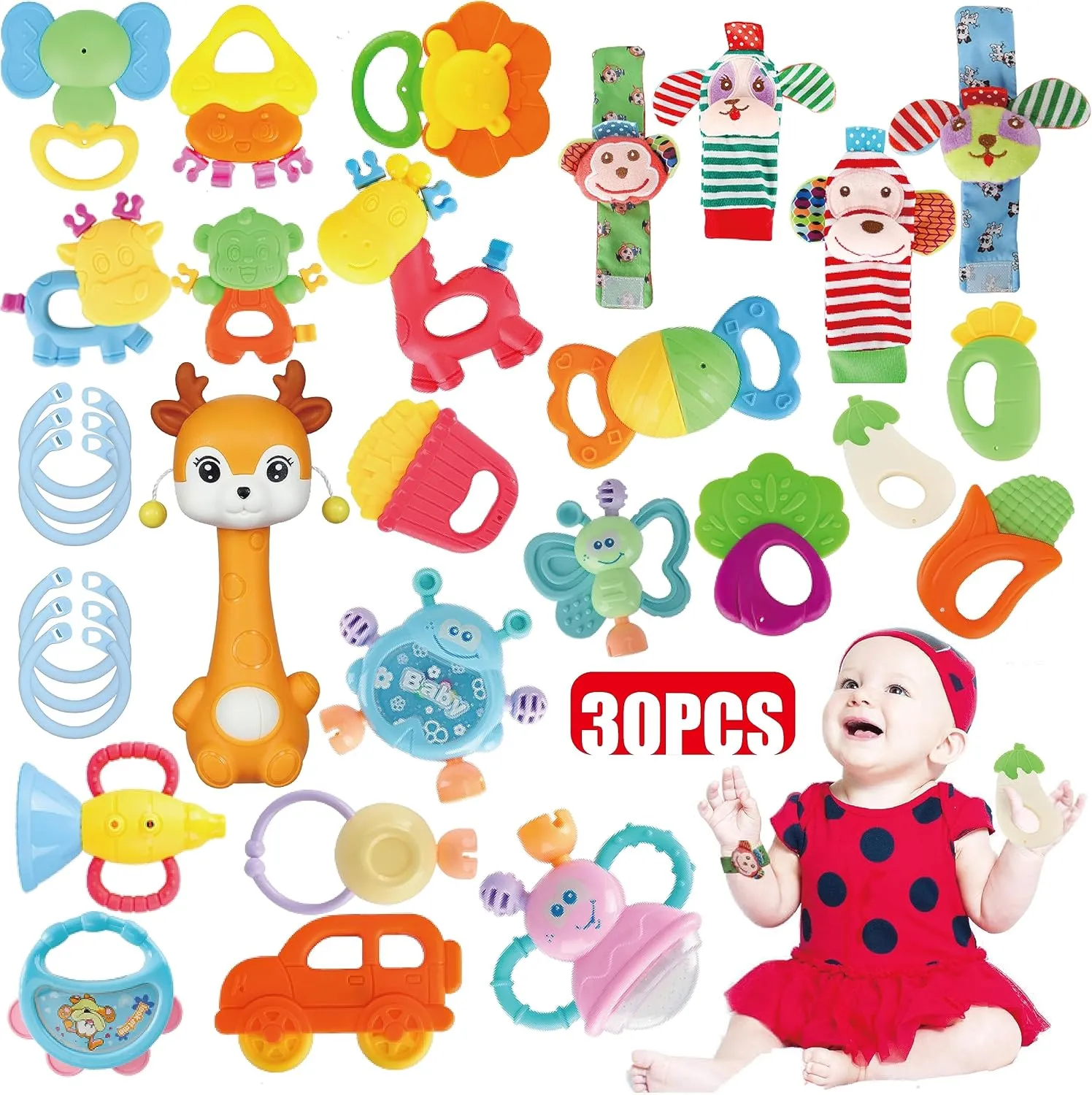 Cocurb 30 Pcs High Contrast Baby Toy Gift Set for Infants - Rattles, Teething Toys & Wrist Socks - Suitable for 6-12 Months - Perfect Baby Toys for Boys and Girls