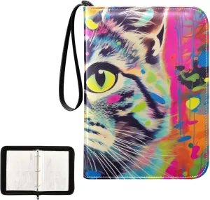Colorful Painted Cat Card Binder 4-Pocket, 400 Pockets Trading Cards Holder Games Card Albums Storage Organizer Case for Football, Baseball Cards
