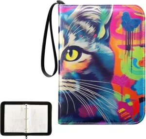 Colorful Painted Cat Card Binder 4-Pocket, 400 Pockets Trading Cards Holder Games Card Albums Storage Organizer Case for Football, Baseball Cards