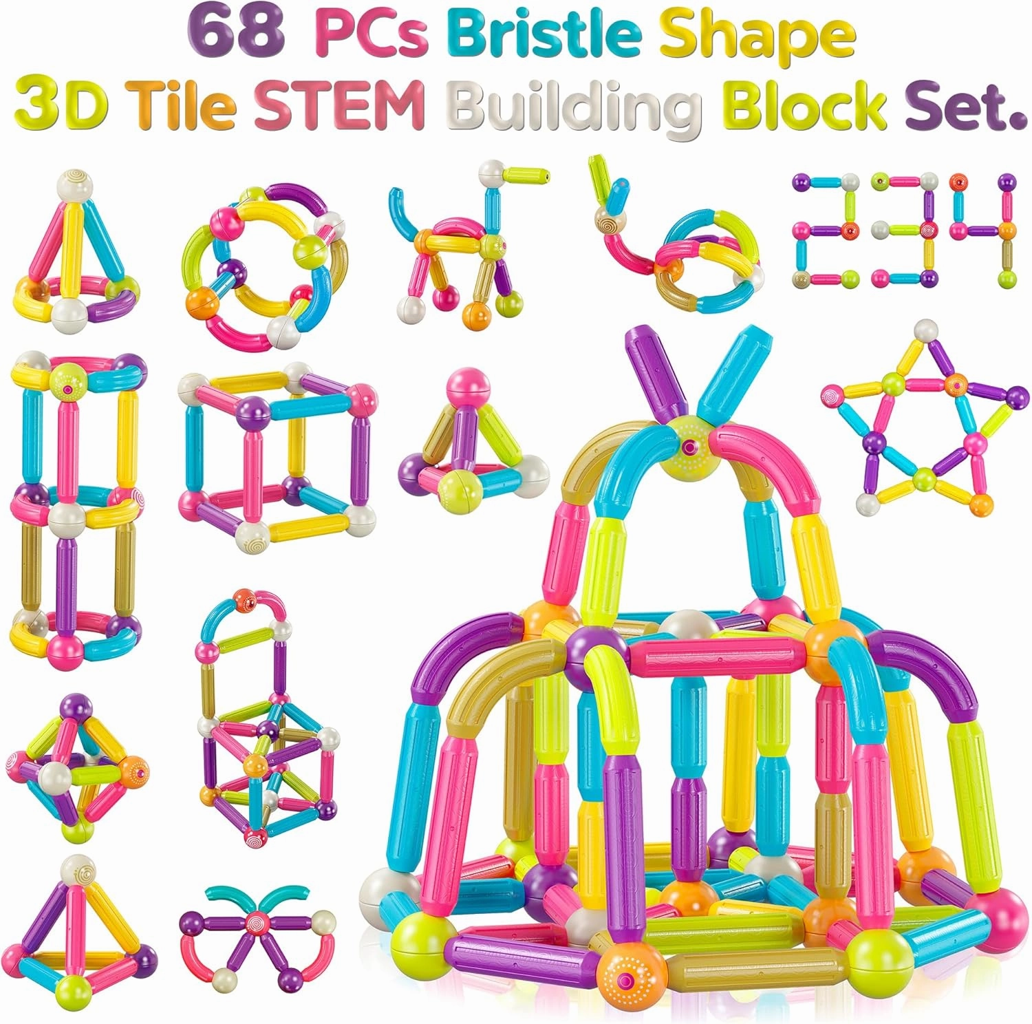 Contixo ST2 Kids Magnetic Stix Stick 68 PCs 3D Building Blocks STEM Construction Playboards Creativity, Imagination, Recreational, Educational for Children Toddler, 3  Year Old Boys and Girls